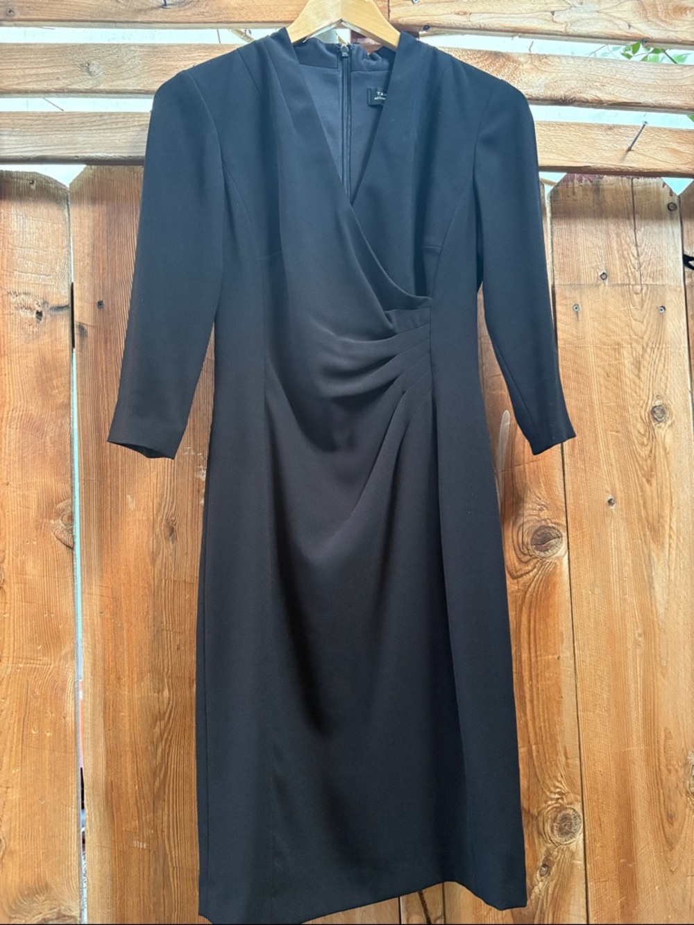 Tahari Black Long Sleeve Draped Sheath Dress with V-Neck